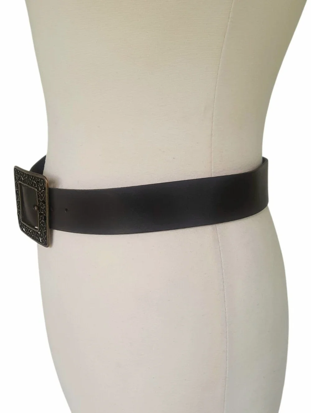 Vtg MAURICES Brown Wide Leather Belt w/Antique Brass Square Filigree Buckle Sz L